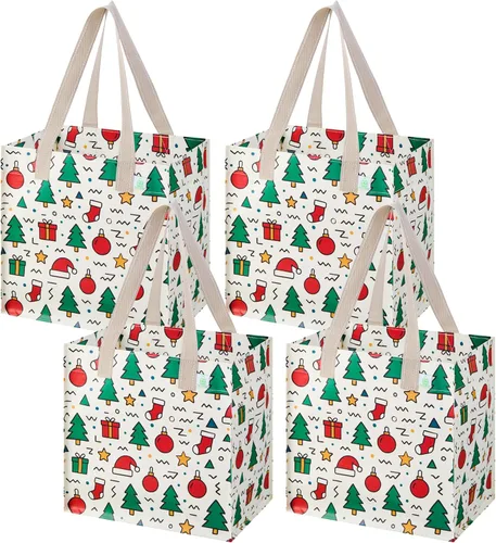 Miniatura 15 de VENO Paquete de 4 bolsas de comestibles reutilizables de Navidad, bolsas de compras resistentes con asas, para carrito de compras con parte inferior