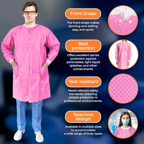 Miniatura 5 de EZGOODZ Abrigo de laboratorio desechable de 43 pulgadas de largo, mediano. Paquete de 50 abrigos de laboratorio desechables SMS rosas para adultos.