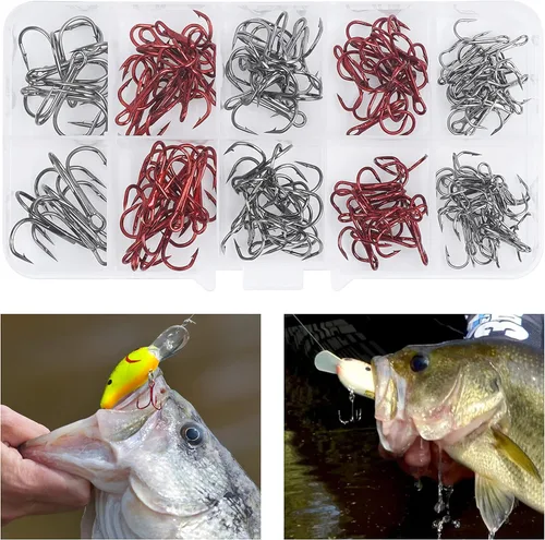 Miniatura 6 de Fishing Treble Hooks Kit, Sharp Replacement Treble Hooks for Lures Baits, High Carbon Steel Fishing Hooks with Stainless Steel Split Rings Set for