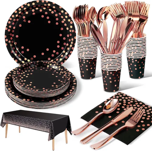 Nkaiso 141 piezas de suministros de fiesta de color negro y oro rosa, juegos de decoración de fiesta desechables que incluyen platos de papel,