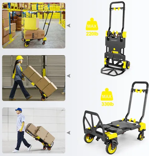 Miniatura 6 de Carretilla de Mano Plegable de 330 Libras para Carga Pesada, Combinación de Cuatro Ruedas y Dos Ruedas, Carrito Convertible con Mango Retráctil