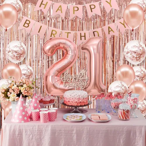 Miniatura 3 de Decoraciones de cumpleaños 21 para ella, pancarta de feliz cumpleaños 21, corona, banda, adorno para pastel y globo con números, decoraciones de 21th