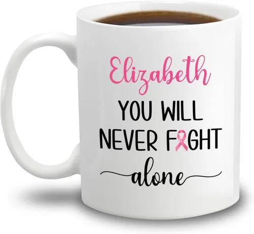 Miniatura 24 de Taza de café de concientización sobre el cáncer de mama con nombre personalizado, taza de café de 11 onzas, taza de té de cerámica blanca