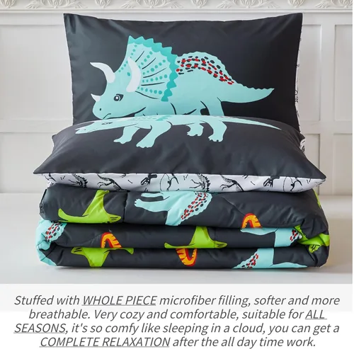 Miniatura 5 de RYNGHIPY Juego de ropa de cama de dinosaurio - Juego de edredón tamaño Queen para chicos y chicas - Juego de cama de dinosaurio suave, transpirable