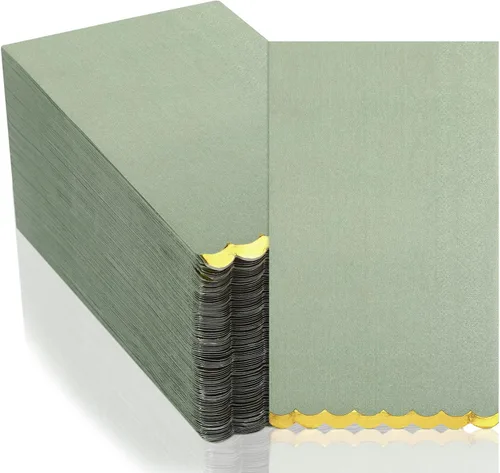 Panelee 100 servilletas de papel verde salvia con borde festoneado dorado y bordes festoneados, toallas de mano desechables verdes para boda,
