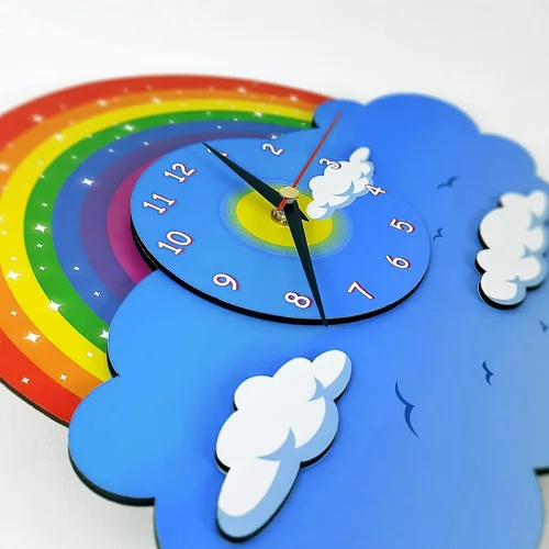 Miniatura 2 de Reloj de pared con péndulo de unicornio y arco iris, vista tridimensional, reloj oscilante analógico para niños, madera MDF 3D, para dormitorio