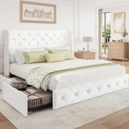 BRELTAM Marco de Cama Tamaño Queen con Cajones de Almacenamiento y Cabecero Wingback Tapizado en Terciopelo Marco de Cama Plataforma Camas Blanco