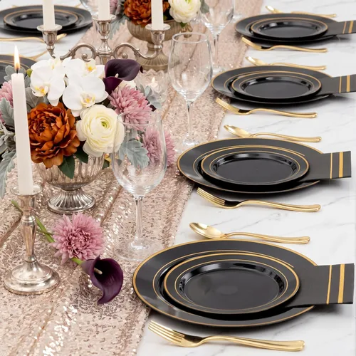 Miniatura 6 de NOCCUR 200 platos de plástico negro y dorado para 100 invitados - Incluyen 100 platos desechables resistentes de 10" para cena / 100 platos