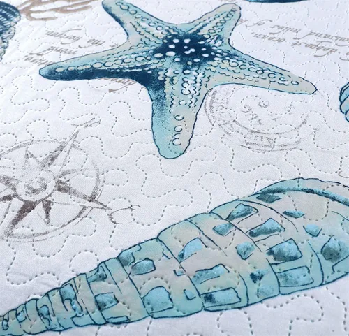 Miniatura 4 de Juego de cama reversible de 3 piezas con diseño náutico, tamaño Queen (90x90 Pulgadas), con conchas de mar azul-verde y coral, juego de colcha