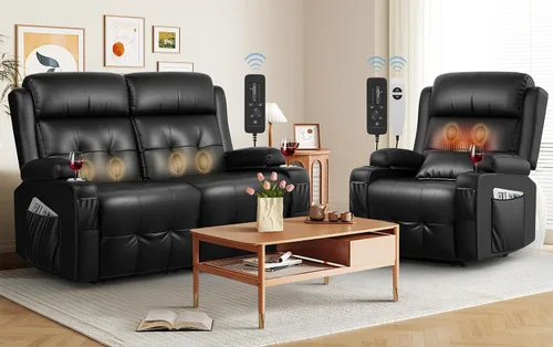 Miniatura 29 de Sofá reclinable de dos plazas, sofá reclinable de masaje de gran capacidad, silla de dos plazas para RV con espacio de almacenamiento, portavasos