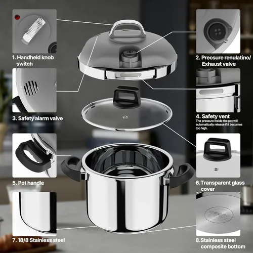 Miniatura 6 de Olla a Presión de Acero Inoxidable, Bloqueo de Una Mano/Bloqueo Rotativo, Compatible con Gas e Inducción, Cocina Rápida para Comidas Grandes, Apta