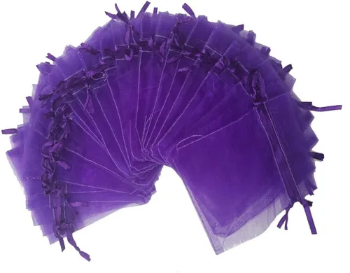 100 bolsas de organza transparente de 3 x 4 pulgadas, bolsas de regalo de dulces, muestras de exhibición, bolsas con cordón (morado)