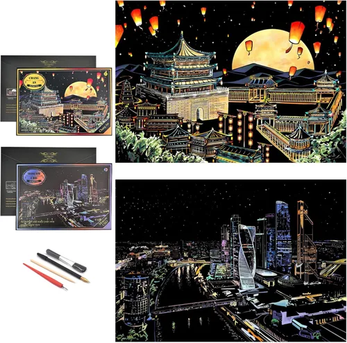 Papel de arte de pintura de arco iris para arañazos, juego de manualidades para adultos, pintura para rascar, regalo creativo con 4 herramientas, 16