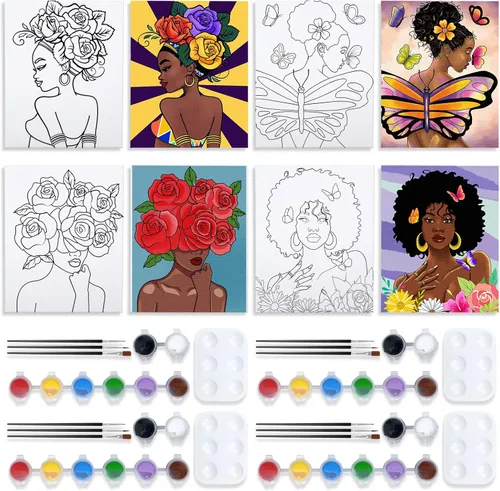 Miniatura 10 de VOCHIC Paquete de 4 kits de fiesta de 8 x 10 pulgadas, kit de pintura de lienzo predibujado para pintura para adultos, suministros de pintura