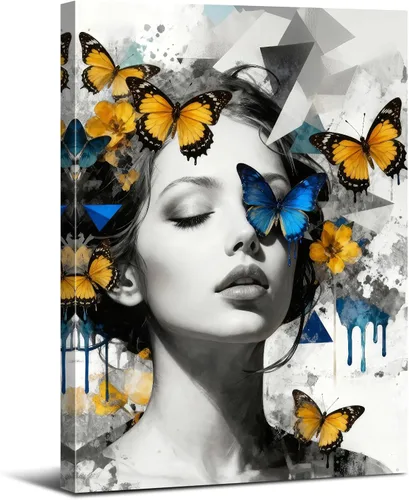 Miniatura 32 de Arte de pared abstracto de flores blancas azules y doradas, decoración de pared azul marino y dorado, marmoleado de flores silvestres