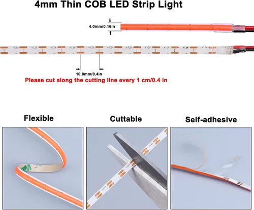 Miniatura 3 de TOPAI Tira LED COB ultrafina de 0.157 in, color rojo, 620-625 nm, 16.4 pies, CC 12 V, alta densidad, 400 LEDs/M 7 W/M, CRI>90 flexible con adhesivo