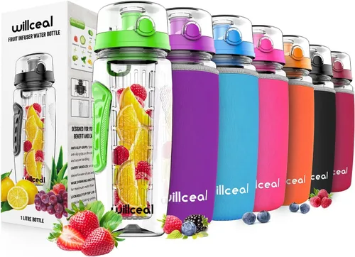 Miniatura 16 de Botella de agua con infusor de frutas de 32 onzas, duradera, grande, sin BPA, Tritan con tapa abatible, diseño a prueba de fugas, deportes, camping