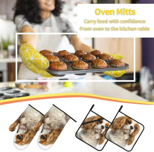 Miniatura 7 de Cavalier King Charles Spaniel - Juego de 4 manoplas para horno y ollas para perros, resistentes al calor, con capa interior de algodón Cavalier King