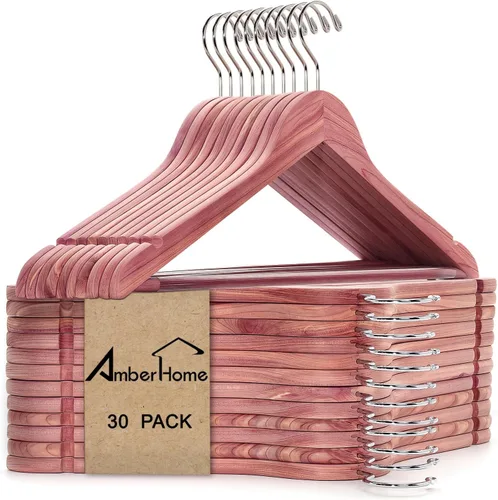 Miniatura 8 de Amber Home Paquete de 16 perchas de cedro rojo americano, perchas de madera con acabado liso con gancho giratorio y muescas para trajes, camisas