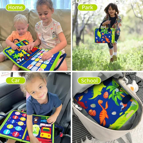 Miniatura 4 de LearnToy Juguete de aprendizaje Montessori de dinosaurio para niños pequeños de 3 a 5 años, tablero sensorial ocupado con actividades educativas