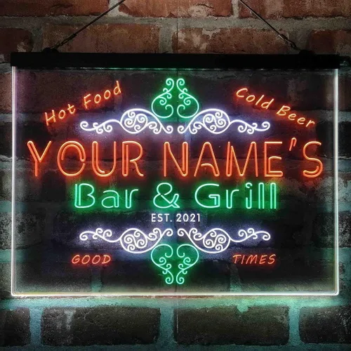 Miniatura 12 de Letrero de luz de neón LED tricolor personalizado para bar y parrilla, nombre personalizado, fecha, texto, cita, fuente blanco, azul y rojo, 17.7 x