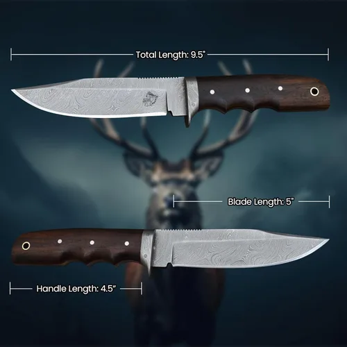 Miniatura 2 de Knives Ranch Cuchillo de Caza Artesanal de 9-1/2"- Cuchillo de Bushcraft y Campamento de Acero Damasco con Espiga Completa- Mango de Palisandro