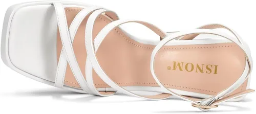 Miniatura 3 de ISNOM Tacones gruesos de plataforma para mujer, sandalias de tacón de bloque con punta cuadrada abierta y correa de tobillo