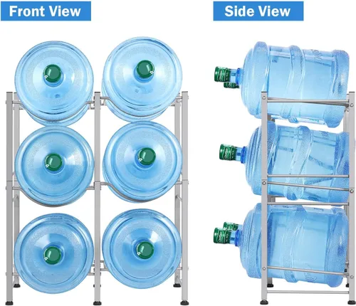 Miniatura 3 de LIANTRAL Soporte para botellas de agua de 5 galones, estante de 3 niveles plateado de doble fila resistente para enfriador de garrafones con 6