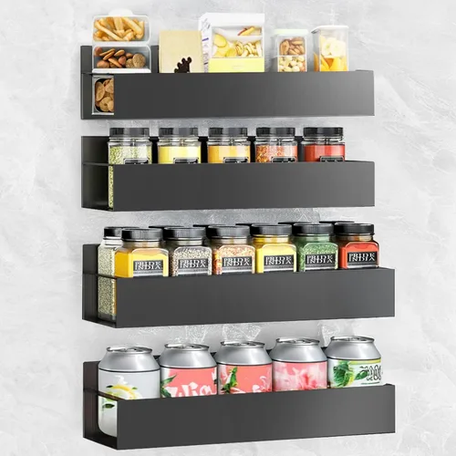 Estante para especias de montaje en pared: 4 paquetes de almacenamiento y organización de despensa de gran tamaño sin taladrar – 11.8 pulgadas negro