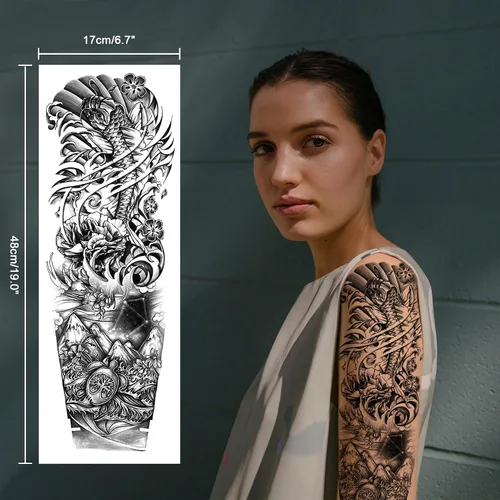 Miniatura 6 de Tatuaje temporal de brazo completo de Halloween para hombres y mujeres, 12 hojas de tatuajes temporales de manga de esqueleto de calavera, tatuajes