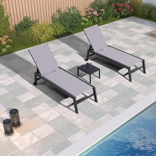 Miniatura 30 de PURPLE LEAF Juego de 2 tumbonas de aluminio para patio al aire libre con ruedas y mesa auxiliar, tumbona de piscina para jardín al aire libre, junto