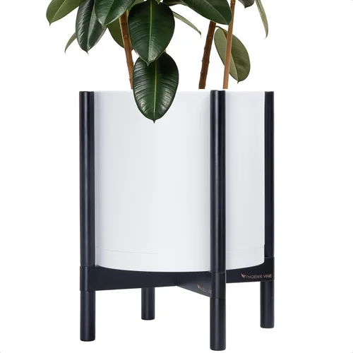 Miniatura 52 de Maceta de D'vine Dev con soporte - Maceta de flores de cilindro de plástico de 8.0 pulgadas con soporte de madera para interiores, maceta mate negra