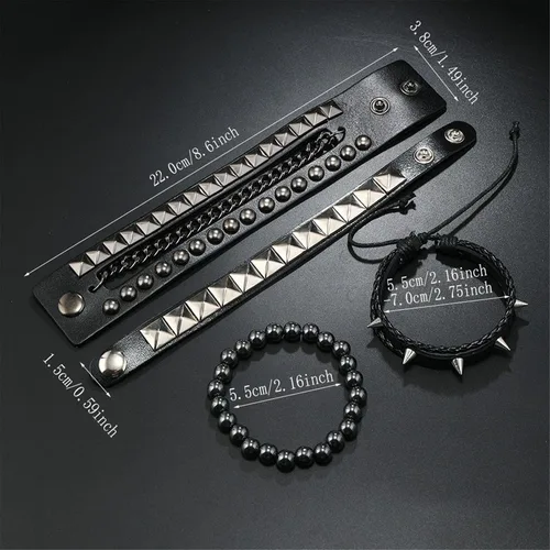 Miniatura 2 de Juego de 4 pulseras punk góticas de piel sintética con remaches y tachuelas de rock, para hombres y mujeres, hip hop, unisex, regalo de joyería