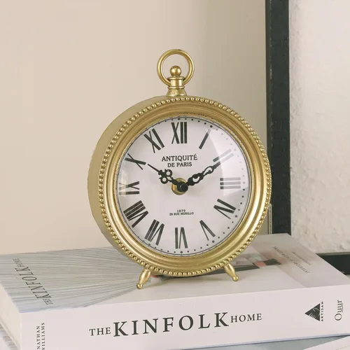 Miniatura 3 de NIKKY HOME Reloj de mesa dorado, reloj de estante y escritorio silencioso sin tictac, funciona con pilas, diseño clásico, decoración decorativa