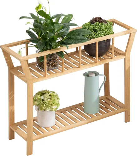 Miniatura 7 de Nnewvante Soporte de bambú para plantas de interior de 37.4 x 11 pulgadas, 2 niveles de alto, estante organizador de macetas, mesa de entrada