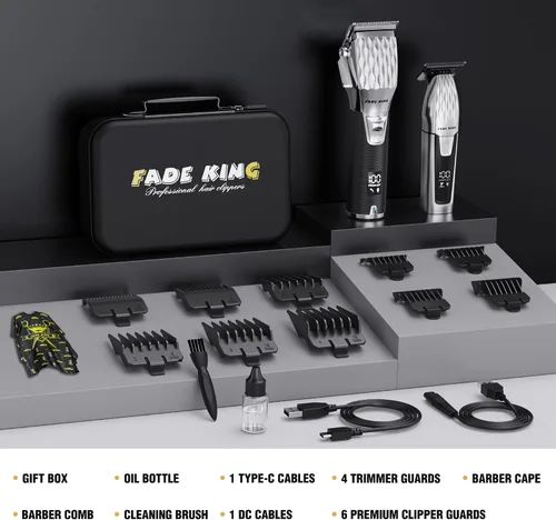 Miniatura 7 de FADEKING® - Kit profesional de cortadora de pelo y barba para hombres, juego de corte y aseo inalámbrico con recortadora de hoja en T sin brecha