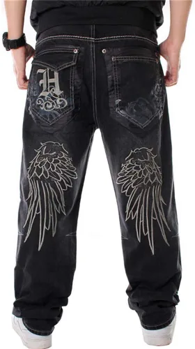 Miniatura 2 de LUOBANIU Pantalones de mezclilla holgados estilo hip hop vintage para hombre, pantalones de patineta de baile
