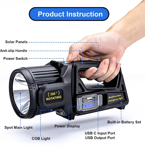 Miniatura 7 de Linterna de foco recargable, 2,000,000 L lúmenes, luz LED de mano con rotación de 350°, 9 modos, carga solar y USB-C, impermeable, linterna
