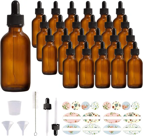 Paquete de 24 botellas de vidrio ámbar de 2 onzas con cuentagotas de vidrio para aceites esenciales, perfumes y productos químicos de laboratorio