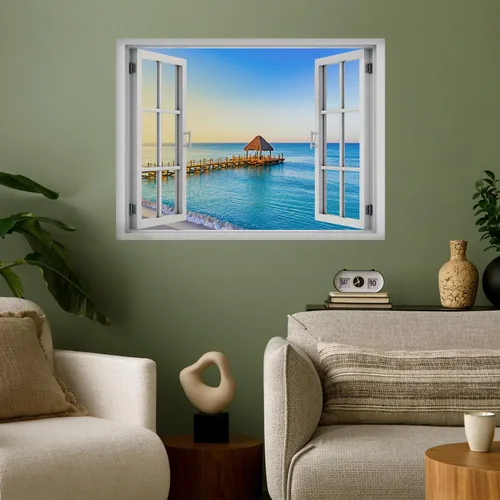 Miniatura 24 de wall26 Adhesivo decorativo para pared, diseño de oso y mariposa fuera de una ventana abierta, no se pega ni se pega, papel tapiz no tejido