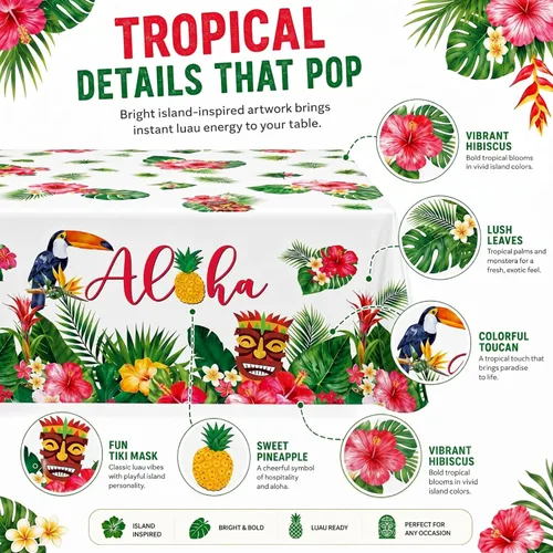 Miniatura 3 de Breling Paquete de 3 manteles hawaianos para decoración de fiesta Luau, 108 x 54 pulgadas, recuerdos de fiesta Luau, manteles de hojas de palmera