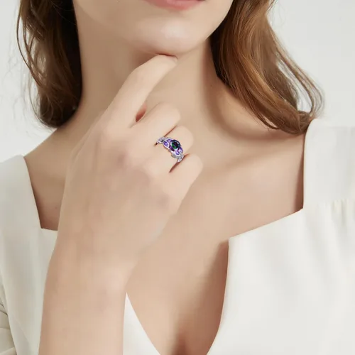 Miniatura 7 de Anillo de compromiso de plata de ley 925 de 3.6 quilates para mujer, topacio arcoíris zafiro aguamarina Anillo de compromiso para mujer