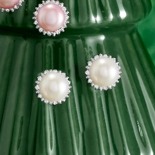 Miniatura 4 de Ross-Simons 7-7.5mm Cultured Button Pearl and .13 ct. t.w. Diamond Stud Earrings in Sterling Silver