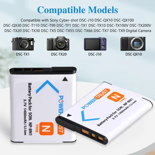 Miniatura 2 de Paquete de 2 baterías NP-BN1 BN1 de 1400 mAh + cargador USB dual LCD para Sony Cyber-Shot DSC-QX10 QX100 T99 T110 TF1 TX5 TX7 TX9 TX10 TX20 TX30