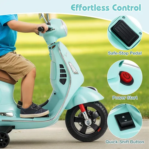 Miniatura 5 de OLAKIDS - Scooter Vespa con licencia para niños, motocicleta eléctrica de 12 V con ruedas de entrenamiento, luces LED, cuerno de modo historia Verde
