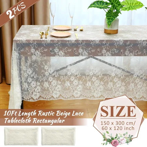 Miniatura 2 de Chumia Mantel rectangular de encaje de 60 x 120 pulgadas, mantel rústico superpuesto con rosa bordado vintage para boda, recepción, fiesta