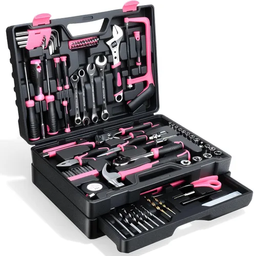 Juego de herramientas: kit de herramientas de 412 piezas para reparación del hogar/automóvil, organizador de almacenamiento con cajones, caja de Rosa
