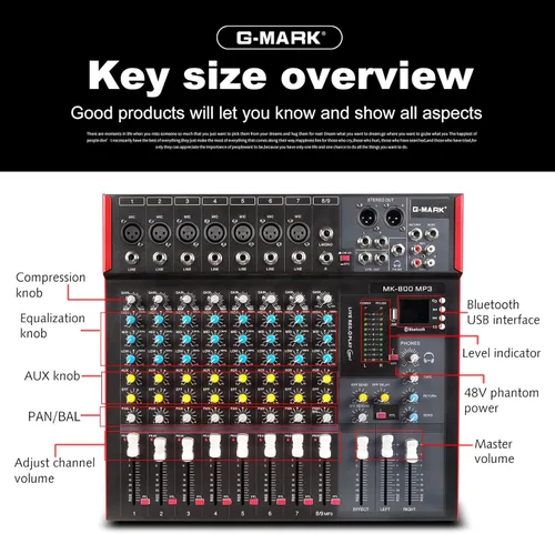 Miniatura 6 de G-MARK MK800MP3 Mezclador de audio profesional Placa de sonido 8 canales Consola de mezcla con reproductor de MP3+48V Phantom Power Digital USB