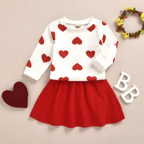 Miniatura 5 de KAGAYD Vestido para niñas pequeñas, vestido de princesa de manga larga, estampado de corazón, sin botones, color liso, faldas de San Valentín