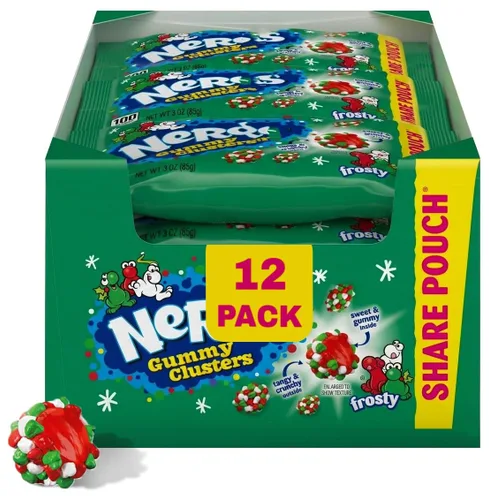 Holiday Frosty Gummy Clusters Candy Share Pouch - Paquete de 12 caramelos festivos dulces y crujientes de tamaño bocado, golosinas navideñas rojas,